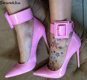 

Patent Leather Fashion Woman Shoes Sweet Pink High Heel Buckle Ankle Strap Pumps Pointy Toe Wedding Party Footwear Zapatos Mujer
