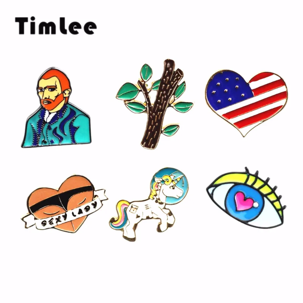 

Timlee X303 Cute Van Gogh Heart Flag Tree Astronaut Rainbow Unicorn Pins Eyes Metal Brooch Pins, Fashion Jewelry Wholesale