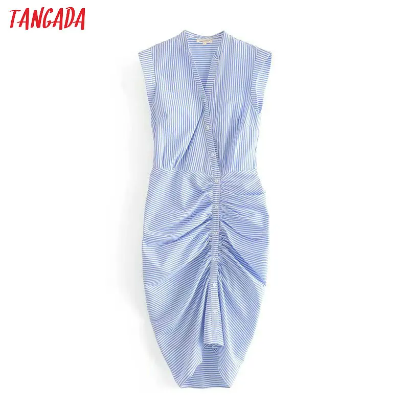 

Tangada fashion women stripe print midi dress pleated sleeveless v neck female office lady elegant pencil dress 5D33