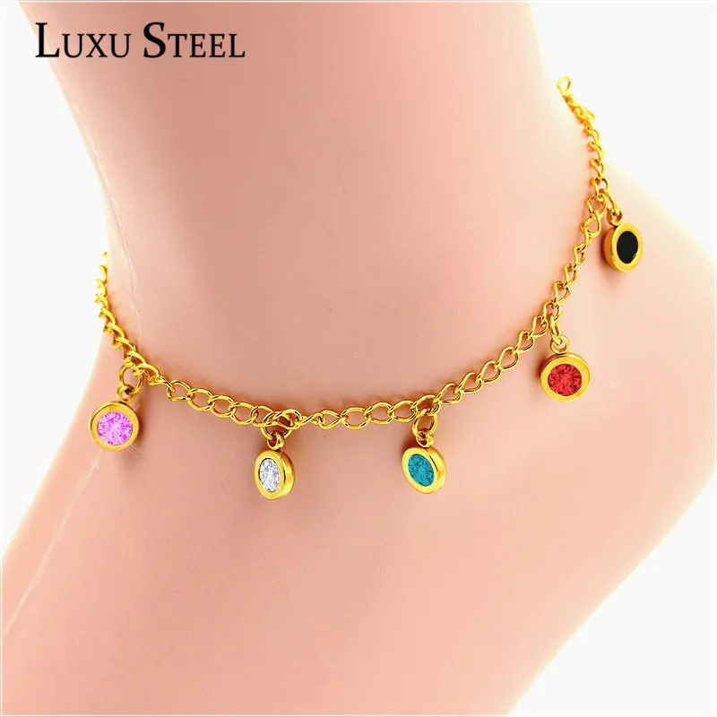 Newest Fashion Anklets font b Jewelry b font Round Colorful Crystal Rhinestone Anklet Stainless Steel Gold