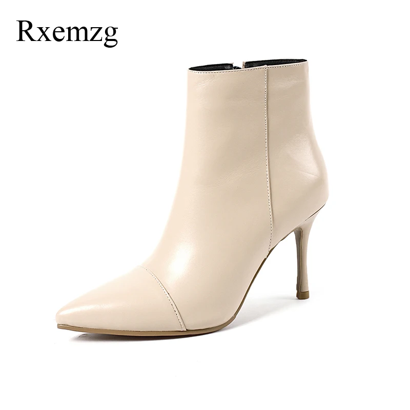 

Rxemzg 2018 elegant shoes pointed toe zipper genuine leather boots fashion ankle boots high heel women's boots plus size 33-43