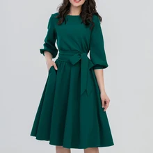 A-Line Dress Pocket-Sashes Half-Sleeve Knee-Length Vintage Autumn Women Elegant O-Neck