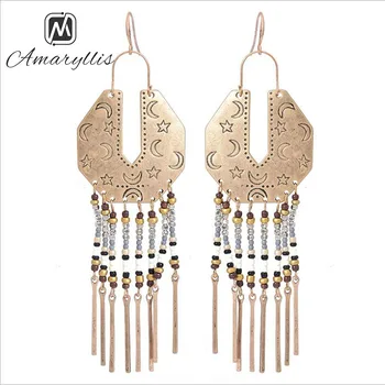 

2018 Handmade Moon Star Sign Tribal Pendant Earrings For Women Ethnic Break Geo Round Dangle Earrings Vintage Tassel Earrings