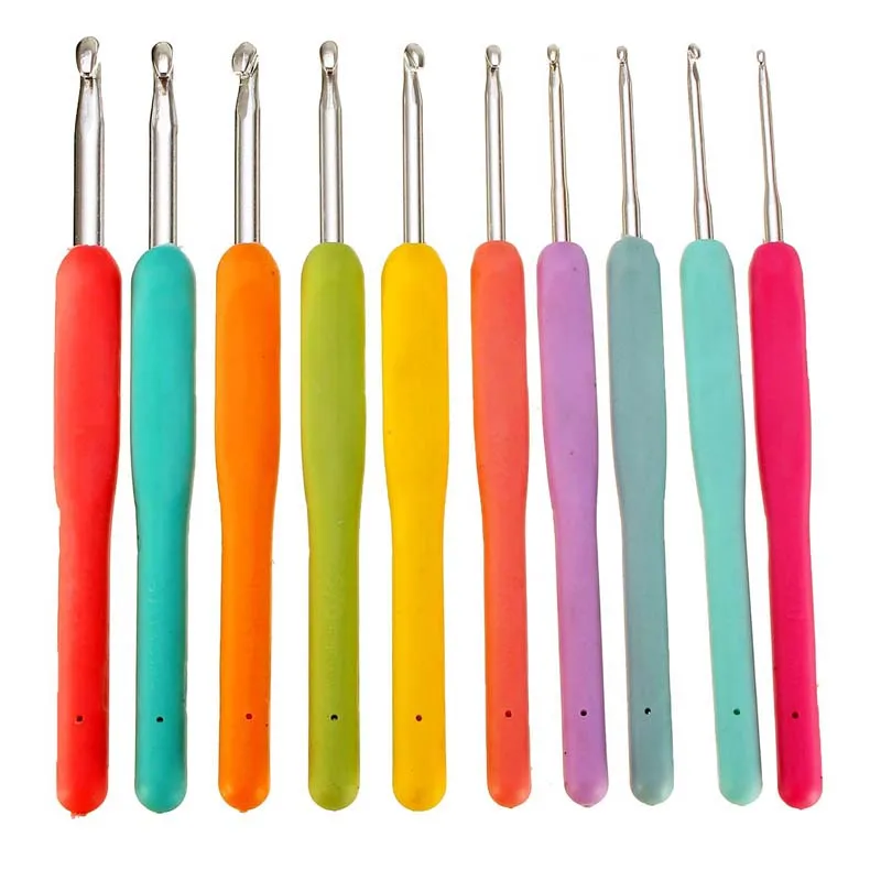 

Newly 10 Pieces Set Crochet Hooks Knitting Tools Aluminum Knit Hook Soft Silicone Handle 2.0mm-6.0mm Needles With Bag VA88