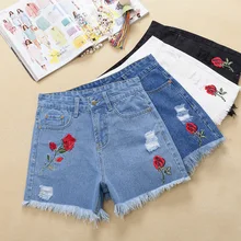 High Waist Denim Shorts Women s Clothing Summer New White Burr Loose Korean version Roses Embroidery