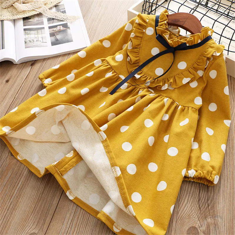 0-6 years girl dress spring cartoon casual full sleeves Dot kid children girls clothing princess dress pink yellow blue