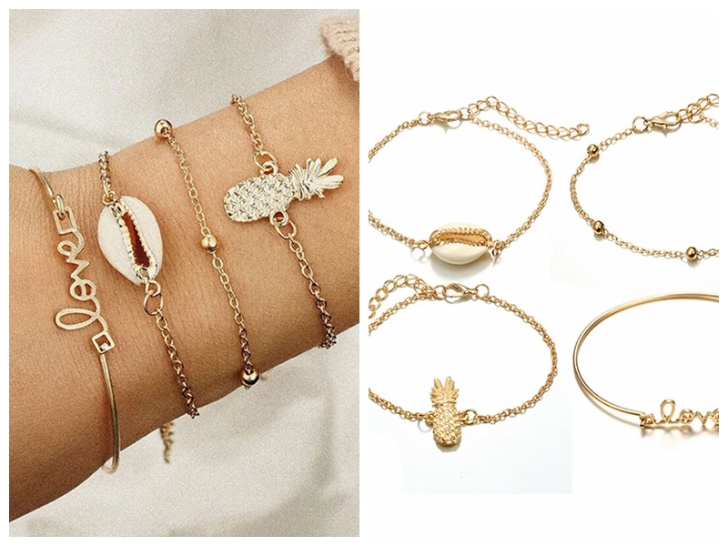 

4Pcs/Set Bohemian Shell Letter Bracelets Set Chain & Link Pineapple Bracelet & Bangles Charm Female Jewelry For Women Girl