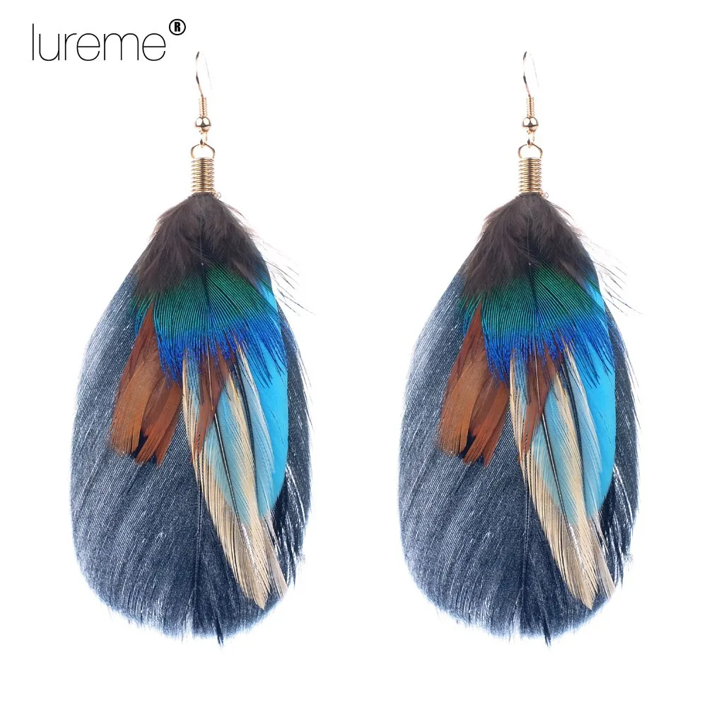 Lureme дизайн перо павлина в стиле бохо Висячие серьги для женщин Модная бижутерия; серьги-подвески Лучший подарок