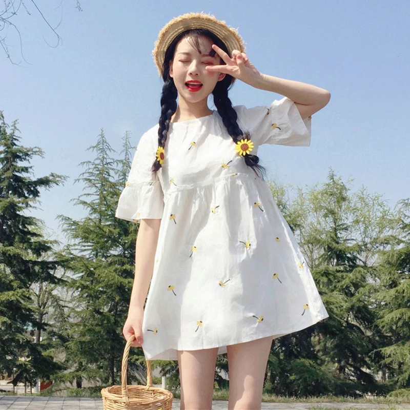 Japanese Style Women Dresses Girls Small Fresh Embroidery Floral Femela ...