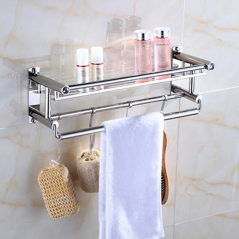 304 Wall Mounted Shower Caddy With Towel Bar Storage Shelves Towel Holder Glass 