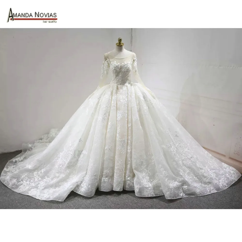 Vestido de noiva princesa 2019 С Длинным Рукавом Кружевная Апликация Pleat Королевское свадебное платье