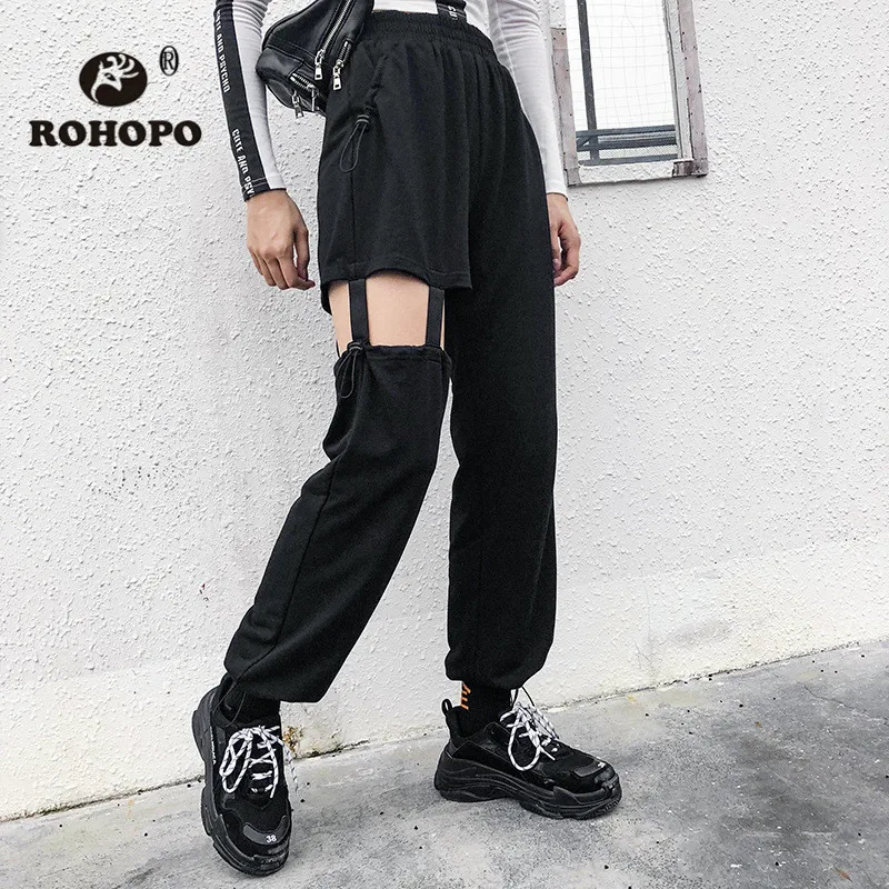 

ROHOPO Women Jogger Harem Pant Hollow Out Thigh Streetwear Hip Hop Full Length Pants Autumn Vintage Casual Trousers #HP3159W09