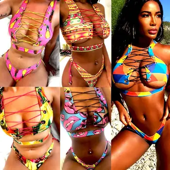 

Black Friday Deals New 2018 Summer Sexy Women Swimwear Bandage Cross Bikini Set Push-up Padded Bra Thong Bathing Suit Swimsuit