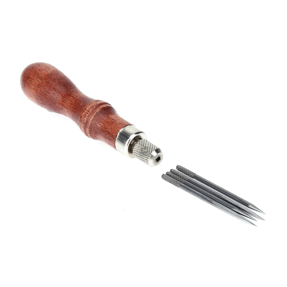 Punzón De Costura Para Cuero 4 Piezas - Con Mangos De Madera | Ideal Para Manualidades, Cuero Y Proyectos DIY