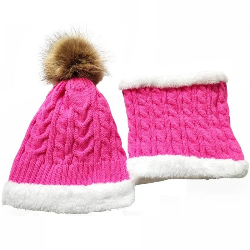 Новые модные детские шапки для девочек, детская шапка для мальчиков, бархатная осенне-зимняя шапка для девочек с помпоном, набор из шапки и шарфа - Цвет: rose