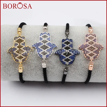 

BOROSA New Micro Pave CZ Stone Cubic ZIrconia Hamsa Hand Drusy Connector Black Rope Adjustable Chain Bracelets for Women WX592