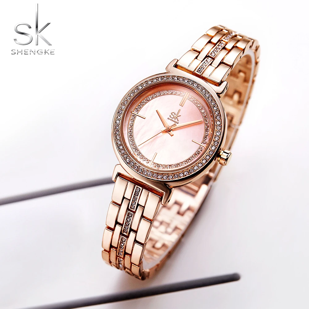 Shengke новые женские часы с кристаллами в виде ракушки циферблат браслет из розового золота нержавеющий ремешок роскошные женские кварцевые механизм Relogio Feminino