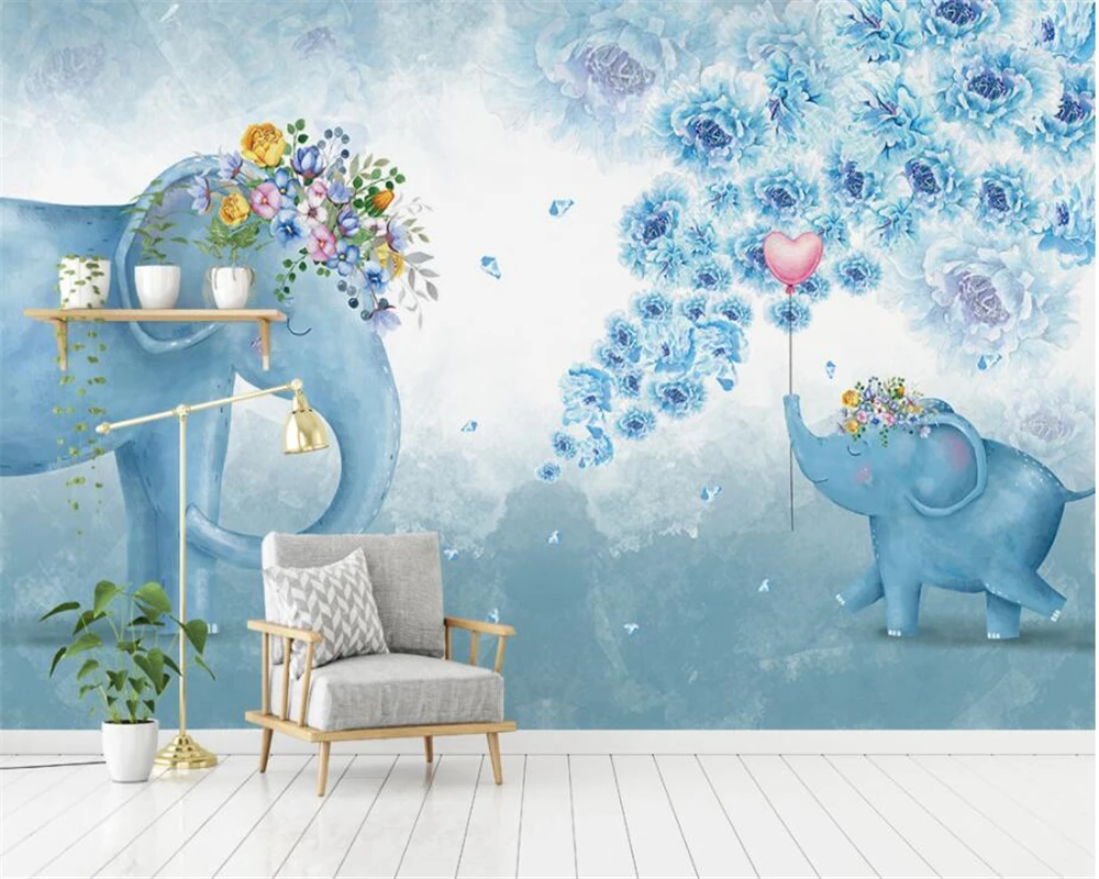 

Custom 3D wallpaper hand-painted elephant flower child bedroom living room TV background wall Children 3D wallpaper beibehang