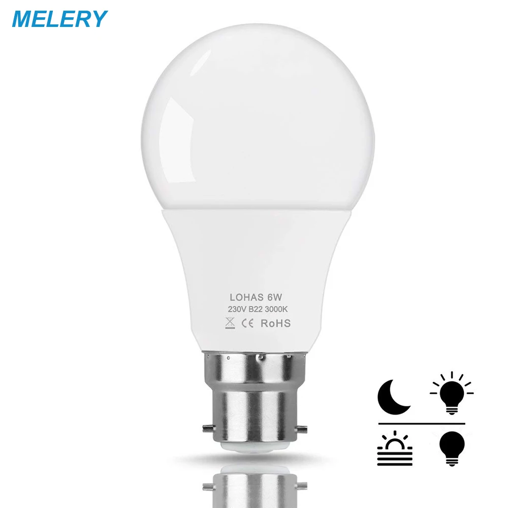 

B22 6W LED Light Sensor Bulb,Equivalent 40W Incandescent Auto On/Off,Dusk Till Dawn,500lm,Energy Saving for Garage Tairs,Porch