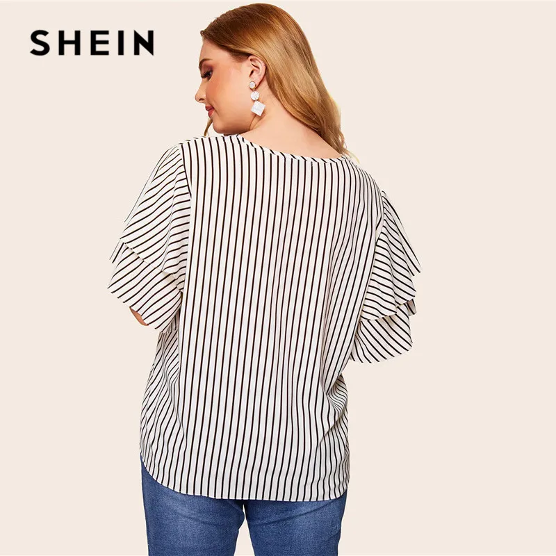 SHEIN زائد حجم الأبيض V الرقبة طبقتين كم مخطط بلوزة المرأة الصيف عارضة جولة الرقبة فراشة كم البلوزات قميص