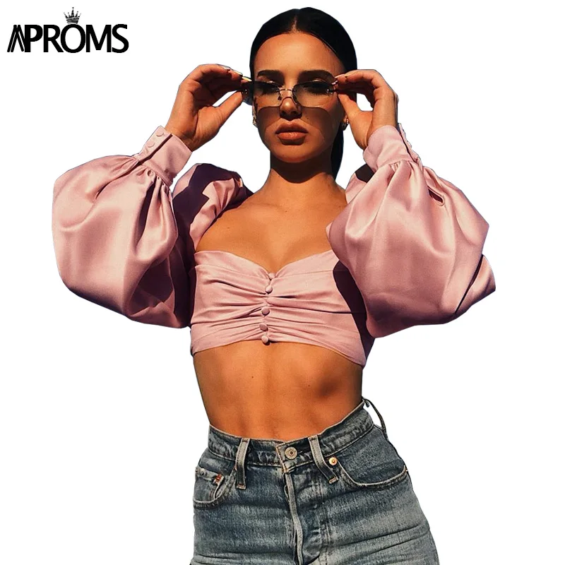 

Aproms Vintage Square Neck Puffed Sleeve Bralette Crop Top Women Streetwear Fashion Pink Bodycon Blouse Shirt Cool Girls Blusas