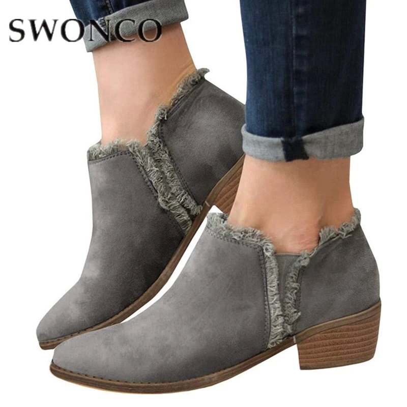 

SWONCO Ankle Boots Women's New Suede Autumn Boots Large Size 43 42 Ladies 2019 Fashion Point Toe Thick Heel Rough Edge Turn-over