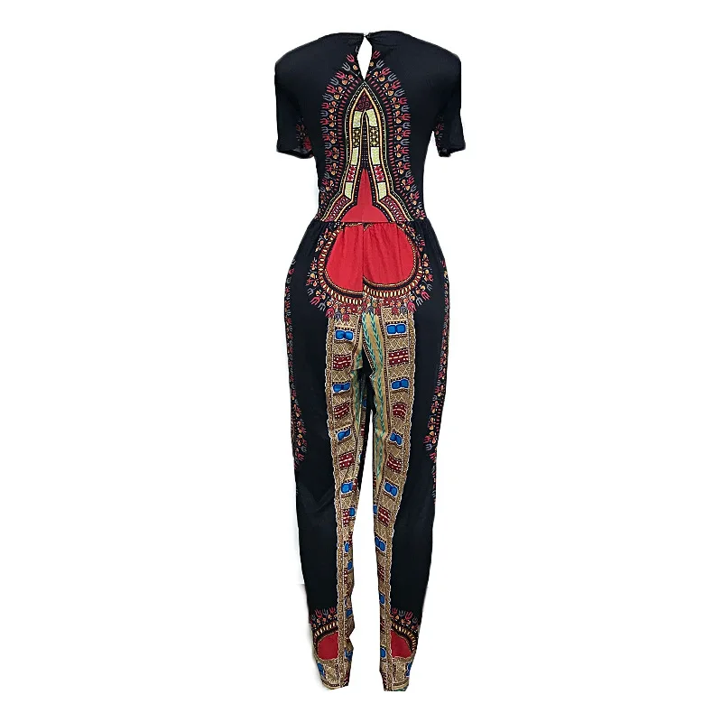 Waistbanded Slim Fitted Bodysuit 2018 autumn women's digital printing jumpsuit waist straps jumpsuit long Bohe onesies Fashion