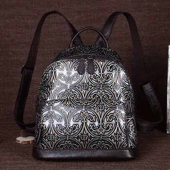 

Women Genuine Embossed Leather Rucksack Famous Brand School Book Bag First Layer Cowhide Female Daypack Vintage Travel Backpack