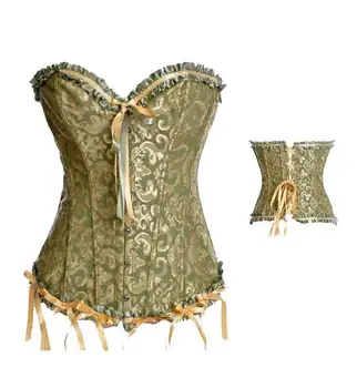 

Green Gold Floral Satin Overbust Corset Sexy Nighty Style Waist Cincher Corset for Women