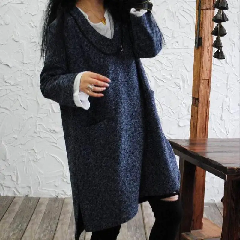 

Spring Original Design Retro Thickening Woolen Casual Dress V-Neck Loose Women Dresses Side Split Irregular Vestidos Big Size