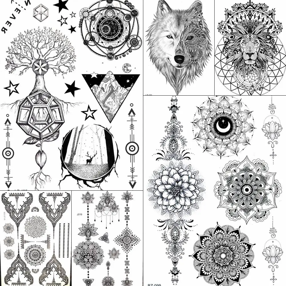 

Geometric Tree Bohemia Mandala Flower Temporary Tattoos Paper Stickers Women Girls Black Forest Elk Tatto Waterproof Arm Tattoo