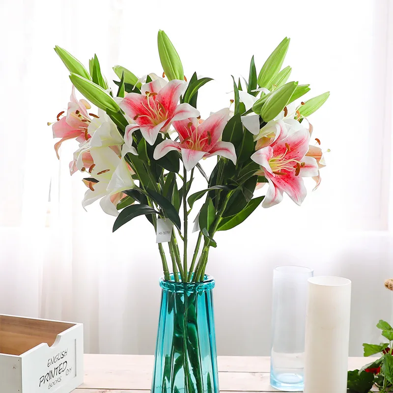 

1PCS Artificial lily flower branch lifelike flower wedding room decoration home ornaments Fake plant simulation potted flower