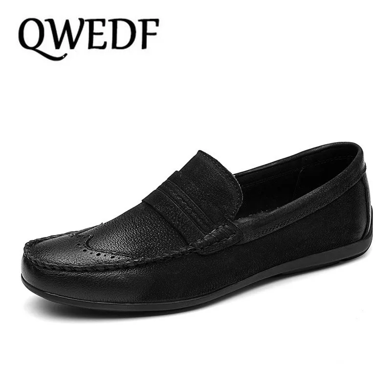 QWEDF Men Genuine Leather Shoes Slip On Black Shoes Real Leather Loafers Mens Moccasins Shoes Italian Designer Shoes X7-64