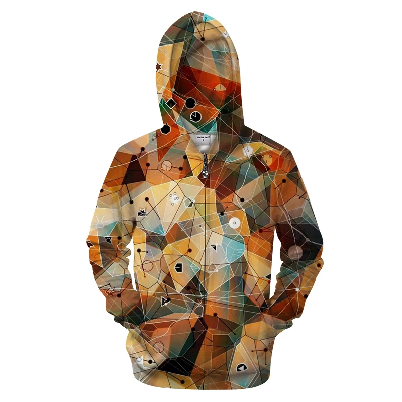 

Men's New Products Autumn Loose Hooded Sweatshirt Fashion Geometric Elements Dot Line Round Digital Print Zip Shirt