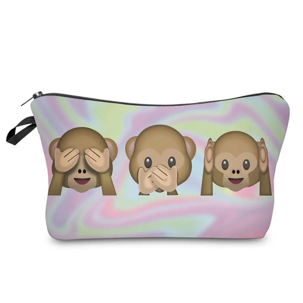 

Fashion Portable Women Zipped Storage Organizer Casual Makeup Bags Fashion Female Cute 3 Monkeys Printing Travel Cosmetic Bag