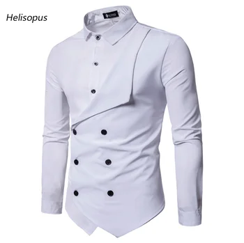 

Helisopus 2020 Summer Men's Long Sleeve Shirt Double-breasted Shirts Slim Fit Pure Color Casual Shirt Camisa