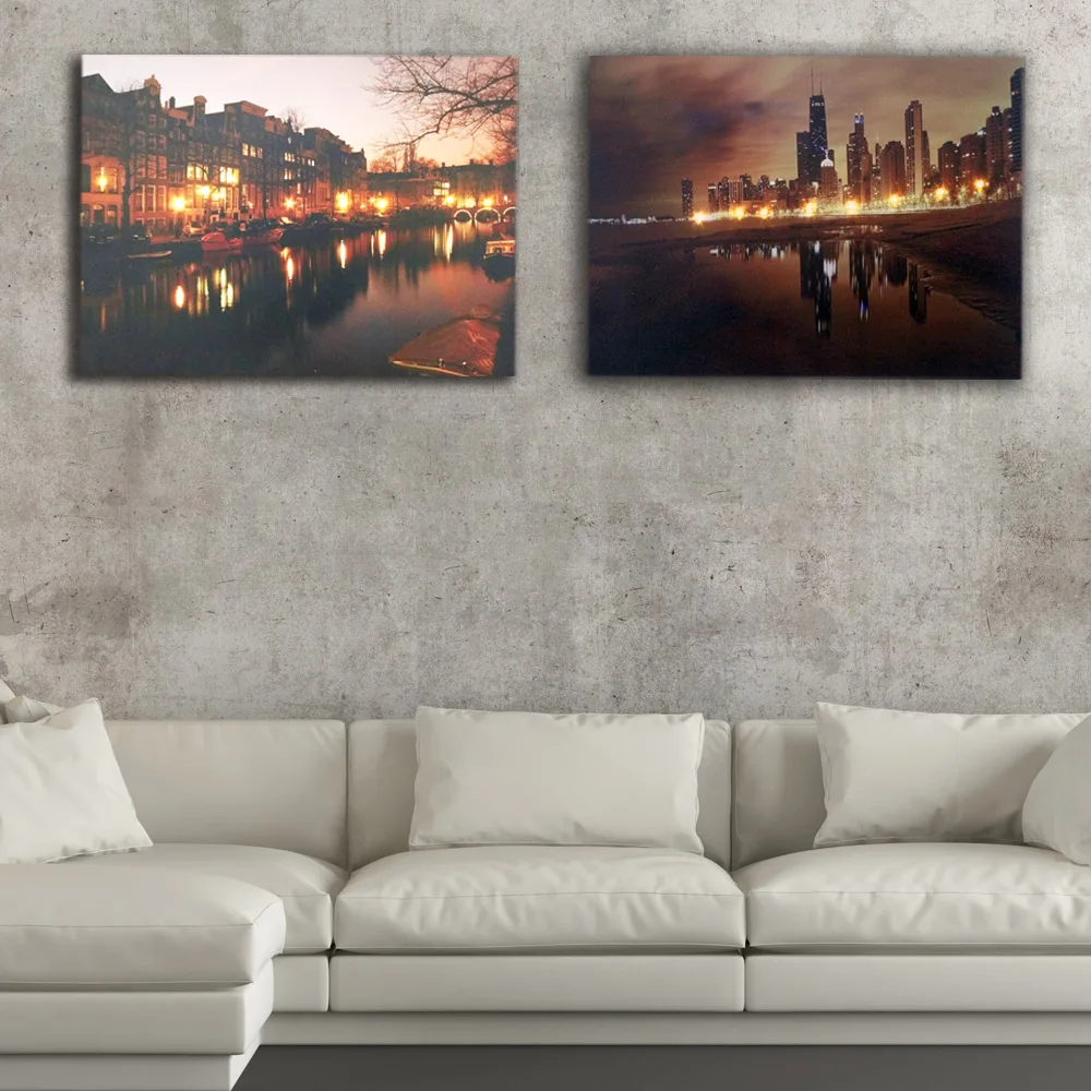 

Led canvas art Park Hotel Amsterdam with Chicago skyline at night wall picture lighted up painting artwork for living room decor