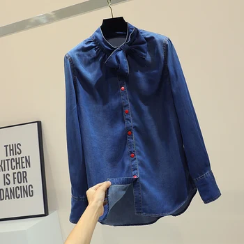 

MUMUZI Loose denim shirt female bf ulzzang bow collar jacket 2020 spring new style elegant jean blouse tops blusas female