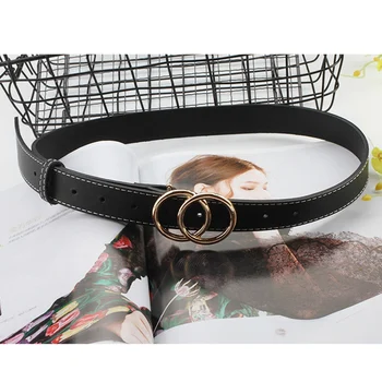 

Fashion Women Gold Silver Buckle Waist Belts Double Ring Belt Ladies Jeans Dress Skinny Thin Leather Straps