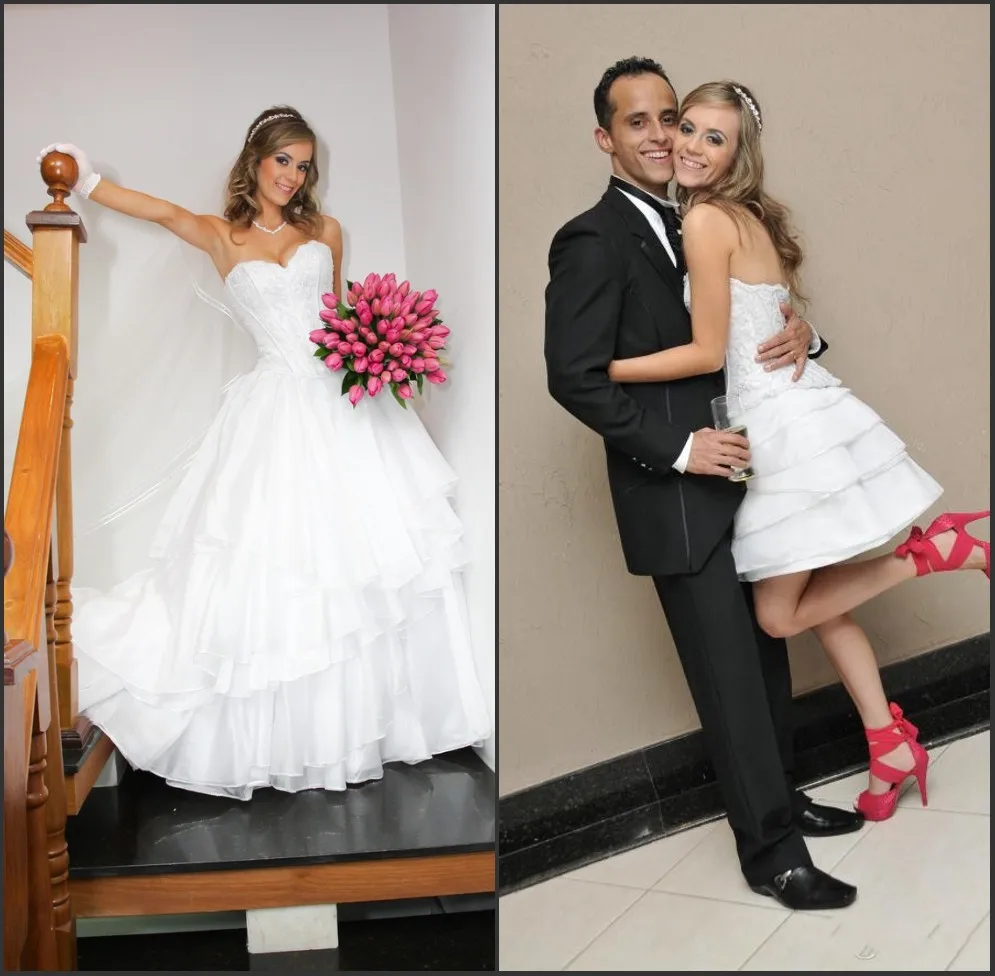 

Custom Made Vestido De Noiva Curto 2019 New Fashion Sweetheart A Line Wedding Dresses Long Tiered Organza With Detachable Skirt