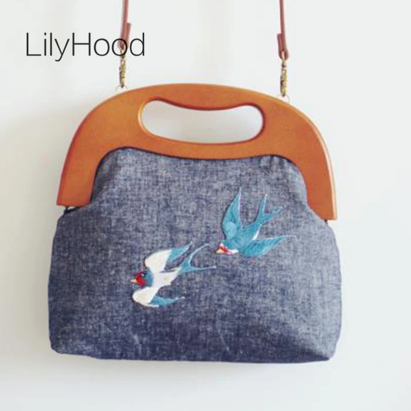 LilyHood Women Embroidery Burlap Totes Jute Vintage Retro Shabby Chic Distressed Rustic China Wood Handle Gray Crossbody Bags