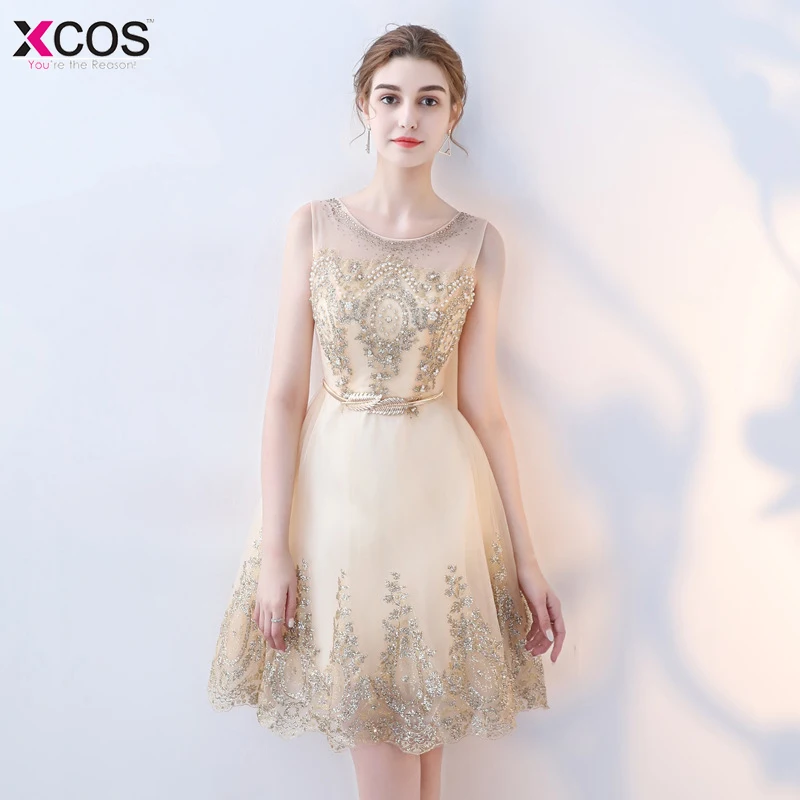 

Cheap Graduation Dresses Short Cocktail Party Gowns Knee Length Pearls Gold Lace Homecoming Dress 2018 vestidos de graduacion