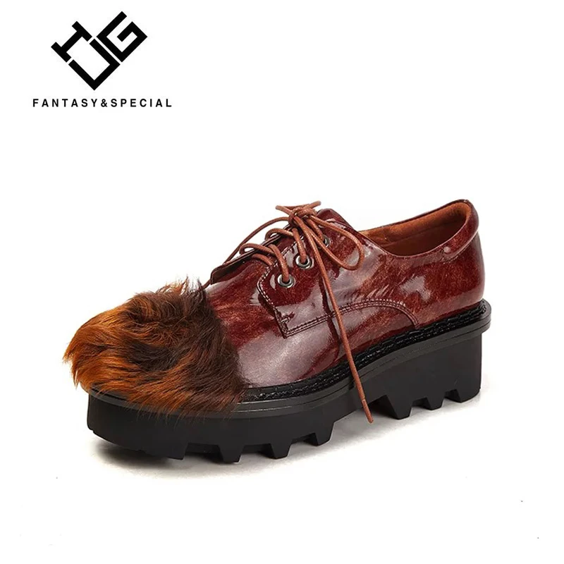 

IGU Women Shoes Flat Platform Shoes Lady European Famous Brand Fur Breathable Non-slip Platform Shoes Females Lace-Up Creepers