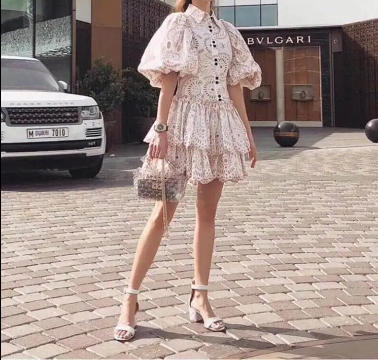 

High Quality Elegant Summer Dress Celebrity Pub Hollow Out Puff Sleeve Bodycon New Style Evening Party Dresses