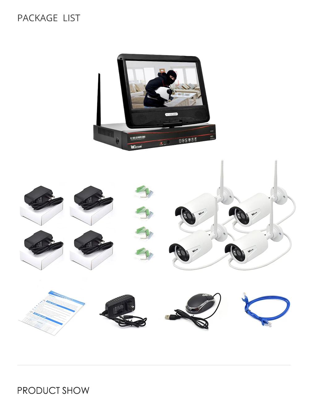 Wistino 960P CCTV System Kit Wireless 4CH NVR Security IP Camera Wifi Outdoor P2P Monitor Kits IR LCD Screen Surveillance Cam (15)