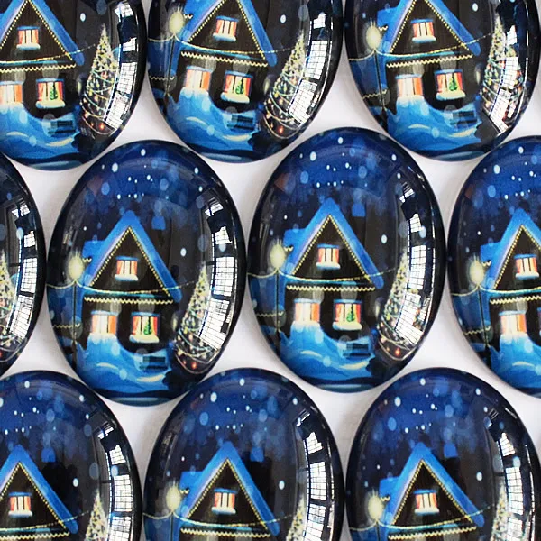 

30x40mm Christmas Snow House Oval Glass Cabochons Flatback Photo Base Tray Blank Cameos DIY Making Accessories 5pcs K04145