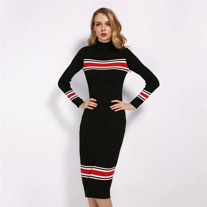 Black Stand Collar Striped Knitted Bodycon Dress