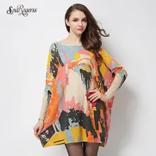 SpaRogerss Spring Winter 2018 Oversize Colorful Dress Wool Sweater Full Sleeves Oil Printting Pullover Knitted Female Dresses