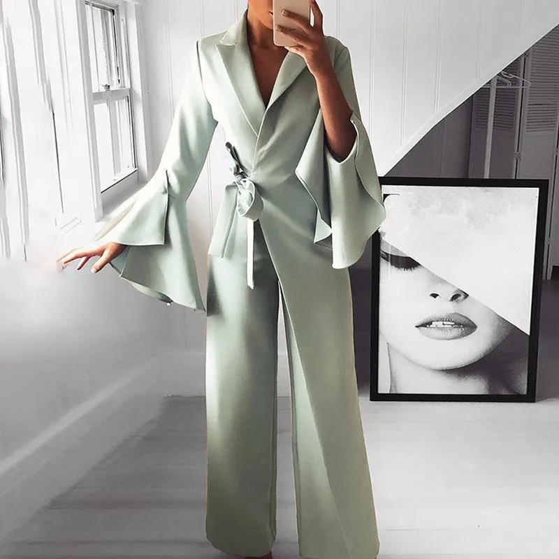 2018 2019 Spring Irregular Flared Sleeve Long Rompers Formal Knot Side Wide Leg Jumpsuit 2018 2019 Spring Irregular Flared Sleeve Long Rompers Formal Knot Side Wide Leg Jumpsuit