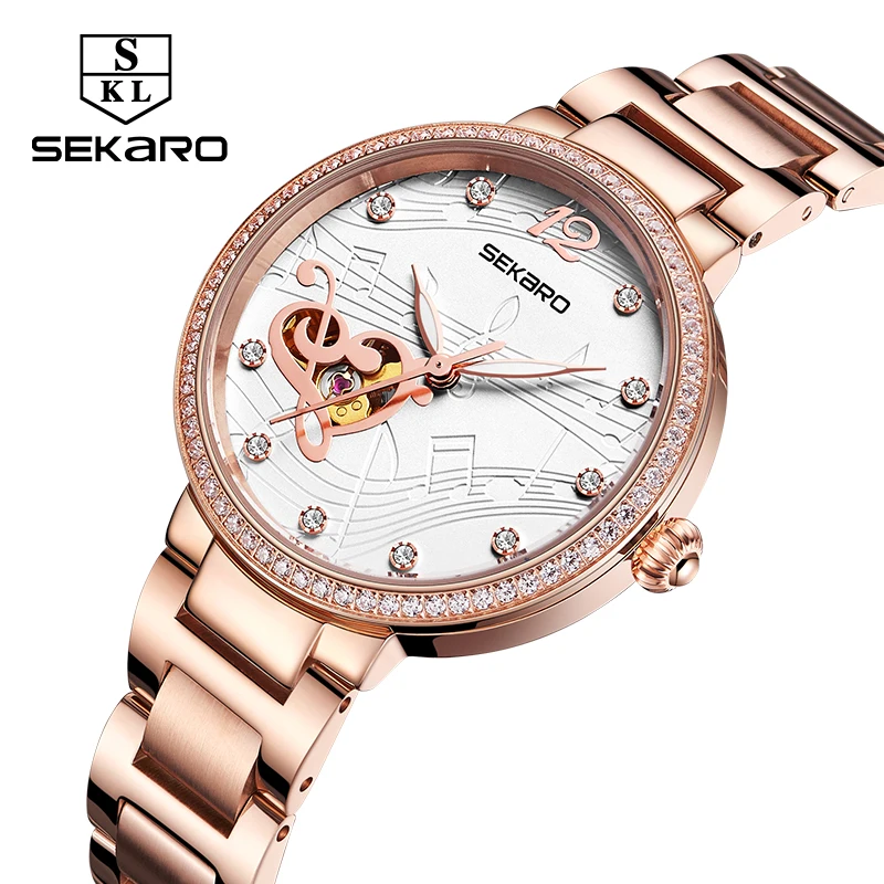 

Sekaro Fashion Skeleton Music Note Women Mechanical Watch Stainless Steel Diamond Wristwatch For Women Clock Gift Montre Femme